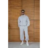 Erkek Premium Parçalı Eşofman Takım - Dik Yaka Fermuarlı Biyeli Sweatshirt Lastik Paça Alt, Oversize 3 iplik Şardonlu - Gri