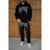 Erkek Premium Taş Baskılı Eşofman Takım Revenge Model (Siyah) Kapüşonlu Üst + Taşlı Baskılı Alt Modern Streetwear Tarzı Oversize Rahat Kalıp 3 iplik Pamuklu - Siyah