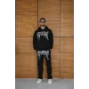 Erkek Premium Taş Baskılı Eşofman Takım Revenge Model (Siyah) Kapüşonlu Üst + Taşlı Baskılı Alt Modern Streetwear Tarzı Oversize Rahat Kalıp 3 iplik Pamuklu - Siyah