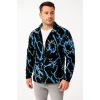 Erkek Tam Fermuarlı Desenli Polar Sweat Lightning Desen Yakalı, Uzun Kollu, Oversize Rahat Kalıp - Siyah
