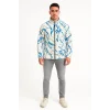 Erkek Tam Fermuarlı Desenli Polar Sweat  Lightning Desen Yakalı, Uzun Kollu, Oversize Rahat Kalıp - Beyaz