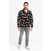 Erkek Tam Fermuarlı Desenli Polar Sweat – Siyah Multicolor Figür Desen Yakalı, Uzun Kollu, Oversize Rahat Kalıp- Siyah