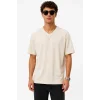 Erkek V Yaka Basic Tişört Kısa Kol Yazlık Regular Fit T-Shirt - Bej