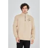 Erkek Yarım Fermuarlı Baskılı Sweat - Bej
