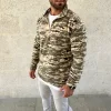 Erkek Yarım Fermuarlı Desenli Polar Sweat – Haki Kamuflaj Yakalı, Uzun Kollu, Oversize Rahat Kalıp - Haki