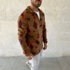 Erkek Yarım Fermuarlı Desenli Polar Sweat Tribal Etnik Desen Yakalı, Uzun Kollu, Oversize Rahat Kalıp, - Kahverengi