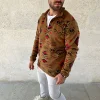 Erkek Yarım Fermuarlı Desenli Polar Sweat Tribal Etnik Desen Yakalı, Uzun Kollu, Oversize Rahat Kalıp, - Kahverengi