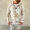 Erkek Yarım Fermuarlı Desenli Polar Sweat Yakalı, Uzun Kollu, Oversize Rahat Kalıp - Bej