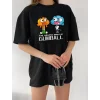 Kadın Bisiklet Yaka Baskılı Oversize T-Shirt - Siyah