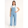 Kadın Chambray Açık Mavi Denim Görünümlü Geniş Paça Salopet Tulum - Mavi
