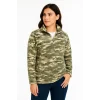 Kadın Yarım Fermuarlı Desenli Polar Sweat – Haki Kamuflaj Yakalı, Uzun Kollu, Oversize Rahat Kalıp - Haki