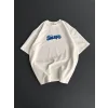 Ön ve Arka Baskılı Oversize Bisiklet Yaka T-shirt- Beyaz