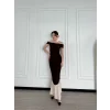 Striptiz Omuzlu Uzun Elbise- Kahve