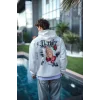 Üç İplik Penye Kapşonlu Baskılı SweatShirt - Beyaz