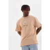 Unisex Baskılı Oversize T-Shirt - Bej