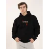Unisex Baskılı Oversize Üç İplik Kapüşonlu Sweatshirt - Siyah