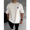 Unisex Bisiklet Yaka Baskılı Oversize T-Shirt - Beyaz