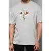 Unisex Bisiklet Yaka Baskılı Oversize T-Shirt - Gri
