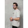 Unisex Bisiklet Yaka Baskılı Oversize T-Shirt - Gri