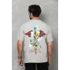 Unisex Bisiklet Yaka Baskılı Oversize T-Shirt - Gri