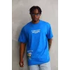 Unisex Bisiklet Yaka Baskılı Oversize T-Shirt - Mavi
