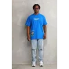 Unisex Bisiklet Yaka Baskılı Oversize T-Shirt - Mavi