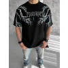 Unisex Bisiklet Yaka Baskılı Oversize T-Shirt-Siyah