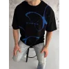 Unisex Bisiklet Yaka Baskılı Oversize T-Shirt - Siyah