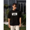 Unisex Bisiklet Yaka Baskılı Oversize T-Shirt - Siyah