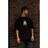 Unisex Bisiklet Yaka Baskılı Oversize T-Shirt - Siyah