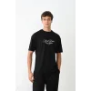 Unisex Bisiklet Yaka Baskılı Oversize T-Shirt - Siyah