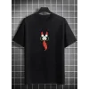 Unisex Bisiklet Yaka Baskılı Oversize T-Shirt - Siyah