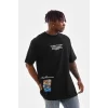 Unisex Bisiklet Yaka Baskılı Oversize T-Shirt - Siyah