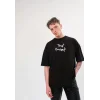 Unisex Bisiklet Yaka Baskılı Oversize T-Shirt - Siyah
