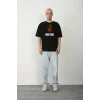 Unisex Bisiklet Yaka Baskılı Oversize T-Shirt - Siyah