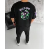 Unisex Bisiklet Yaka Baskılı Oversize T-Shirt - Siyah
