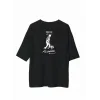 Unisex Bisiklet Yaka Baskılı Oversize T-Shirt - Siyah