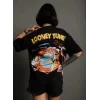 Unisex Bisiklet Yaka Baskılı Oversize T-Shirt - Siyah