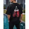 Unisex Bisiklet Yaka Baskılı Oversize T-Shirt - Siyah