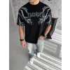 Unisex Bisiklet Yaka Baskılı Oversize T-Shirt - Siyah