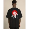 Unisex Bisiklet Yaka Baskılı Oversize T-Shirt - Siyah