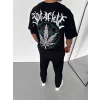 Unisex Bisiklet Yaka Baskılı Oversize T-Shirt - Siyah