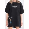 Unisex Bisiklet Yaka Baskılı Oversize T-Shirt - Siyah