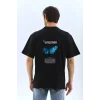 Unisex Bisiklet Yaka Baskılı Oversize T-Shirt - Siyah