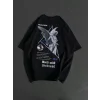 Unisex Bisiklet Yaka Baskılı Oversize T-Shirt - Siyah