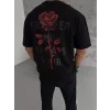 Unisex Bisiklet Yaka Baskılı Oversize T-Shirt - Siyah