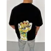 Unisex Bisiklet Yaka Baskılı Oversize T-Shirt - Siyah