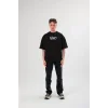 Unisex Bisiklet Yaka Baskılı Oversize T-Shirt - Siyah