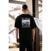 Unisex Bisiklet Yaka Baskılı Oversize T-Shirt - Siyah