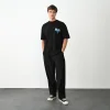 Unisex Bisiklet Yaka Baskılı Oversize T-Shirt - Siyah